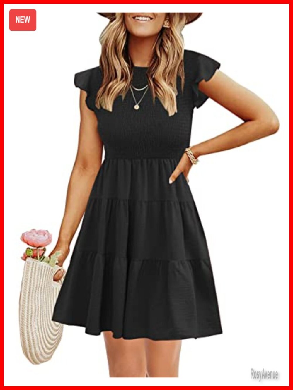 Women Summer Flutter Sleeve Tiered Mini Dress Smocked Elastic Waist